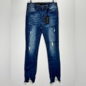 Risen Mid Rise Straight Leg Jeans Waist 29 / 9 Style #RDP1235 Raw Hems Dark Wash